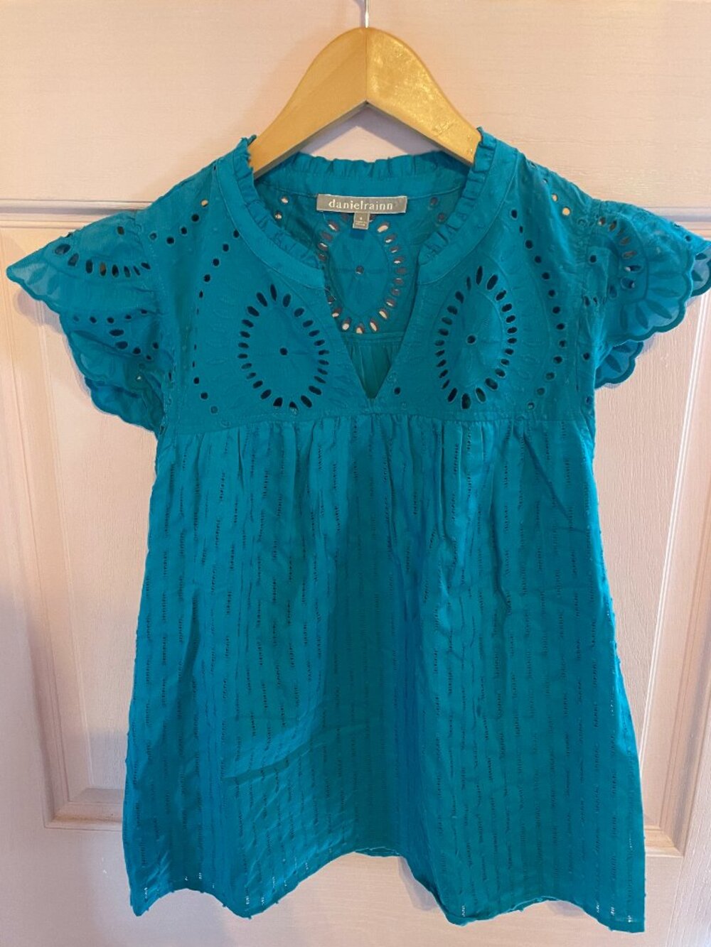 Danial Rainn Teal Eyelet Embroidered Ruffle Sleeve Bohemian Blouse S Stitch Fix